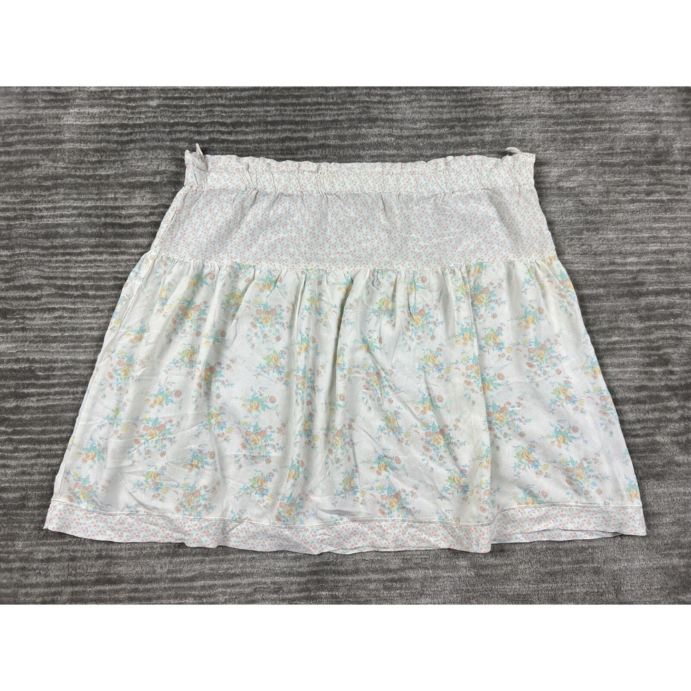 Victoria Wear Skirt Womens Large White Floral Tiered Mini Elastic Waist Rayon